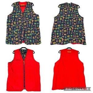 Vtg LizSport Medal Print/Red Reversible Preppy Vintage Military Zip Vest - Sz L